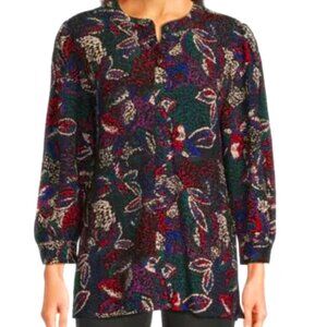 Calessa Textured Knit Floral Banded Neck Long Sleeve Button-Front Top - S